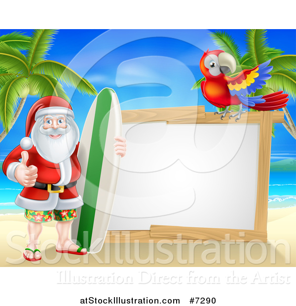 Vector Illustration of a Christmas Santa Claus Giving a Thumb up and Standing with a Surf Board on a Tropical Beach by a Blank White Sign with a Parrot