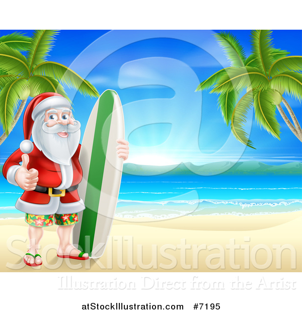 Vector Illustration of a Christmas Santa Claus Giving a Thumb up and Standing with a Surf Board on a Tropical Beach