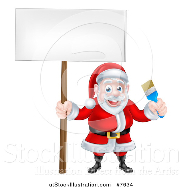 Vector Illustration of a Christmas Santa Claus Holding a Blue Paintbrush and Sign 2