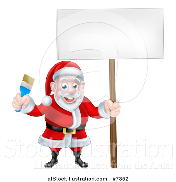 Vector Illustration of a Christmas Santa Claus Holding a Blue Paintbrush and Sign