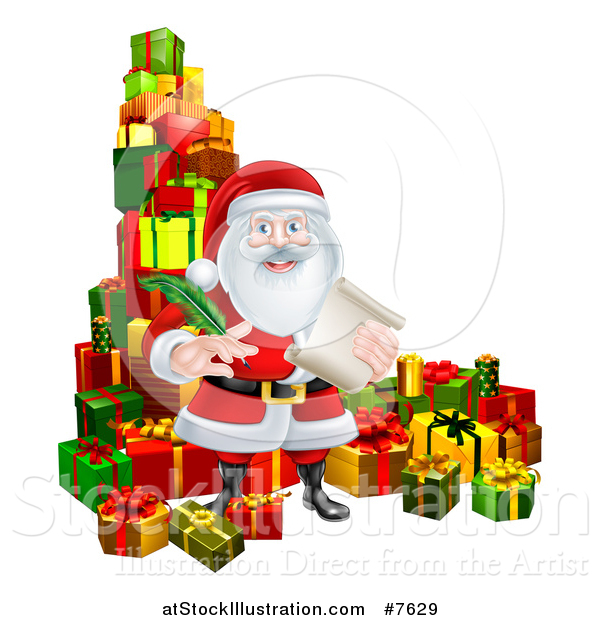 Vector Illustration of a Christmas Santa Claus Holding a Feather Pen and Scroll List by Gifts
