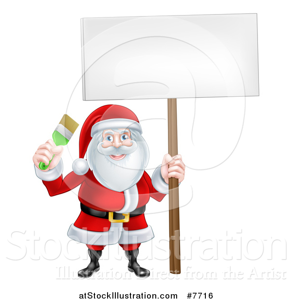 Vector Illustration of a Christmas Santa Claus Holding a Green Paintbrush and Sign