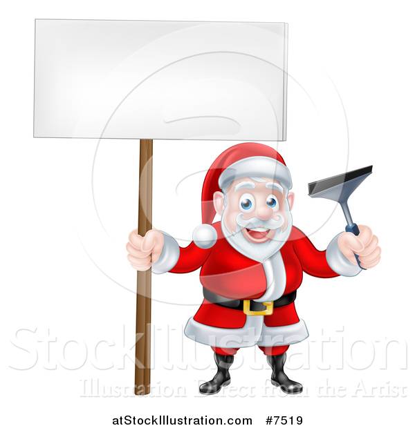 Vector Illustration of a Christmas Santa Claus Holding a Window Cleaning Squeegee and Blank Sign 2