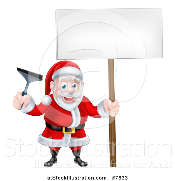 Vector Illustration of a Christmas Santa Claus Holding a Window Cleaning Squeegee and Blank Sign 3