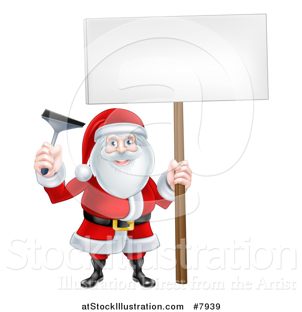 Vector Illustration of a Christmas Santa Claus Holding a Window Cleaning Squeegee and Blank Sign