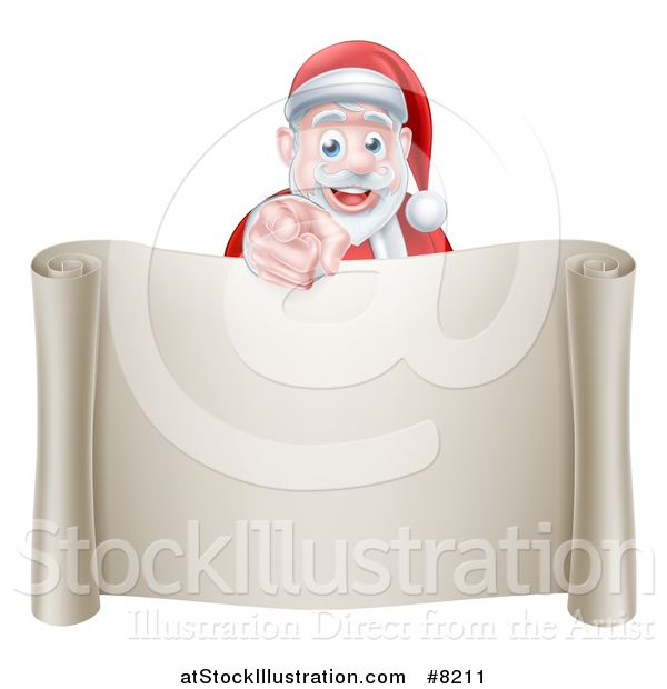 Vector Illustration of a Christmas Santa Claus Pointing at You over a Blank Scroll Page