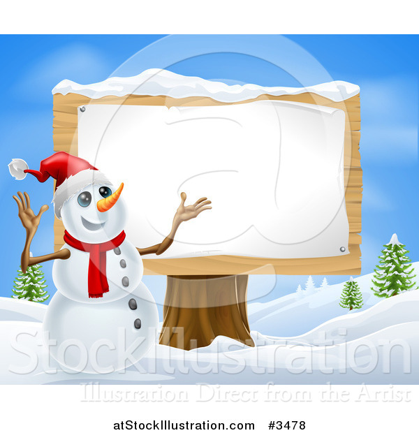 Vector Illustration of a Christmas Snowman Presenting a Wooden Sign