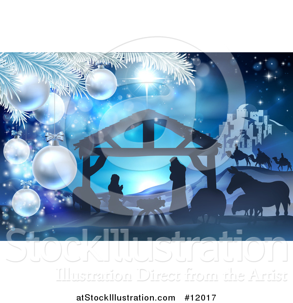 Vector Illustration of a Christmas Tree Branch Framing a Blue Toned Nativity Scene with Animals, Wise Men, the City of Bethlehem and Star of David