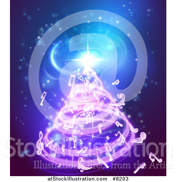 Vector Illustration of a Christmas Tree Formed of Music Notes on Blue