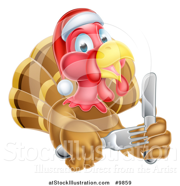 Vector Illustration of a Christmas Turkey Bird Wearing a Santa Hat and Holding Silverware