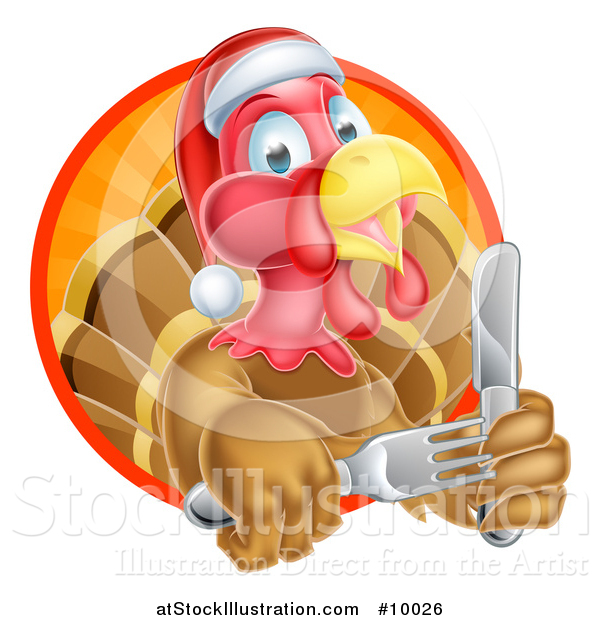 Vector Illustration of a Christmas Turkey Bird Wearing a Santa Hat and Holding Silverware, Emerging from a Sunny Circle