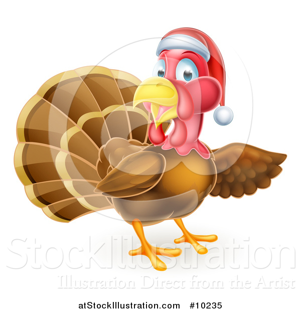 Vector Illustration of a Christmas Turkey Bird Wearing a Santa Hat and Pointing