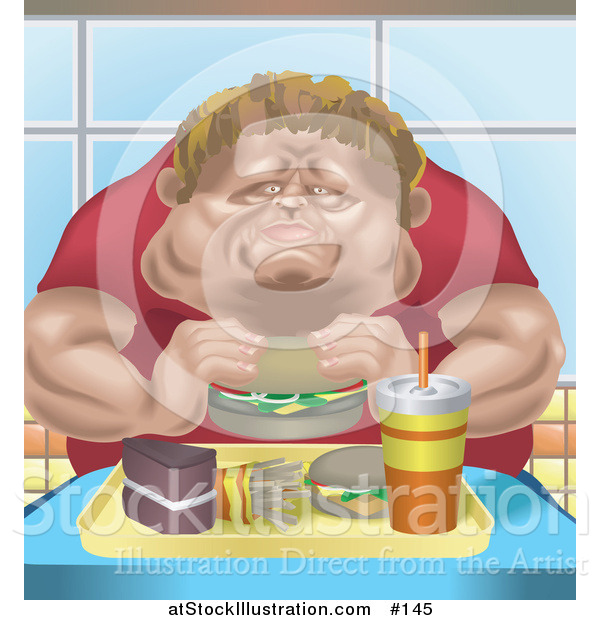 Vector Illustration of a Chubby Caucasian Man Eating a Tray Full of Fast Food