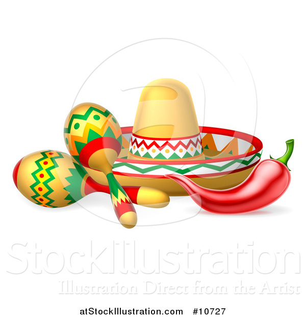Vector Illustration of a Cinco De Mayo Design with a Chili Pepper, Maracas and Mexican Sombrero