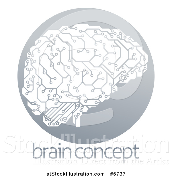 Vector Illustration of a Circuit Board Artificial Intelligence Brain in a Gray Circle over Sample Text