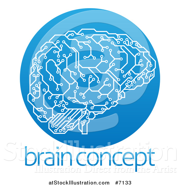 Vector Illustration of a Circuit Board Artificial Intelligence Computer Chip Brain in a Gradient Blue Circle over Sample Text