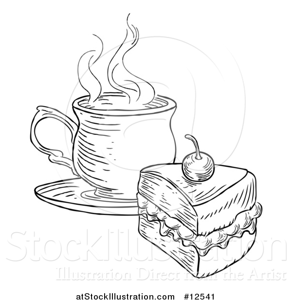 Vector Illustration of a Coffee and Piece of Victoria Sponge Cake, Black and White Engraved Style