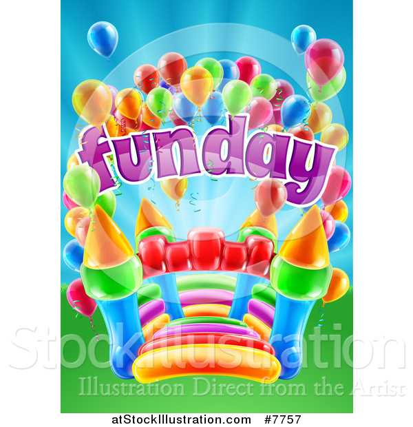 Vector Illustration of a Colorful Bouncy Castle Jumping House with Party Balloons and Fun Day Text