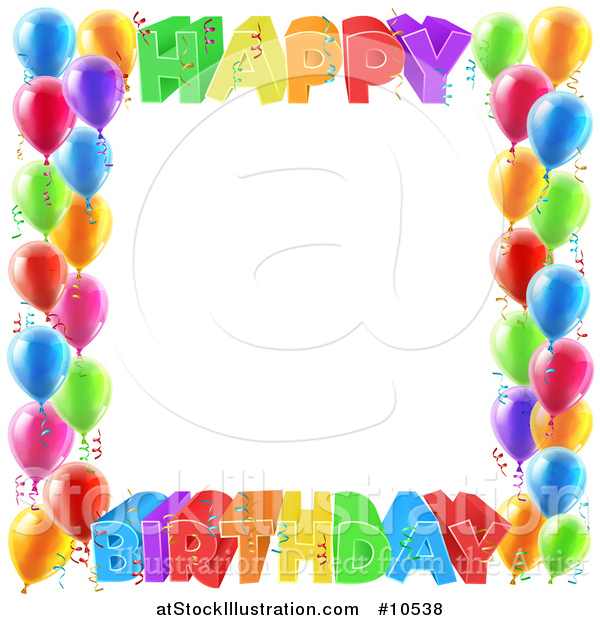 Vector Illustration of a Colorful Happy Birthday Greeting Border with Confetti Ribbons and Party Balloons