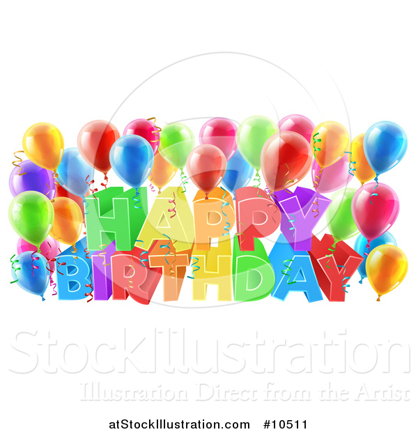 Vector Illustration of a Colorful Happy Birthday Greeting with Confetti Ribbons and Party Balloons