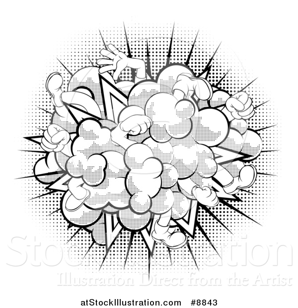 Vector Illustration of a Comic Styled Fighting Cloud with Feet and Legs over Halftone