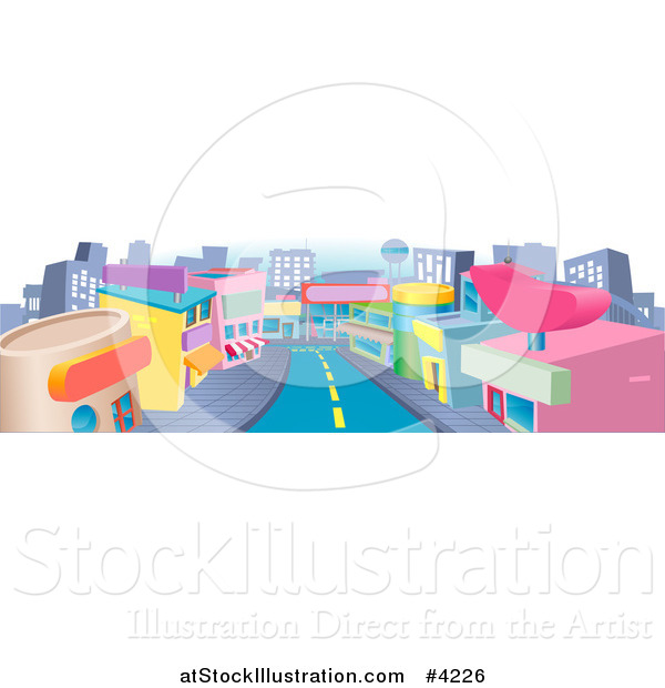 Vector Illustration of a Commercial Street with Shops and a Road