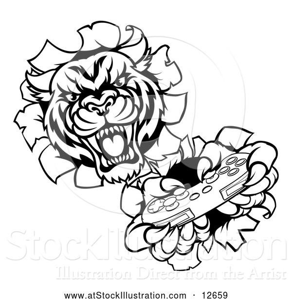 Vector Illustration of a Competitive Tiger Mascot Playing Video Game Control - Black Outline