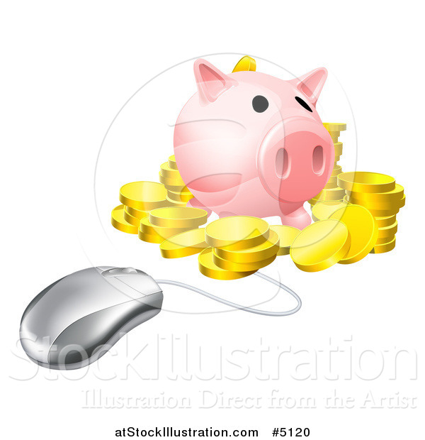 Vector Illustration of a Computer Mouse Wired to a 3d Piggy Bank with Gold Coins