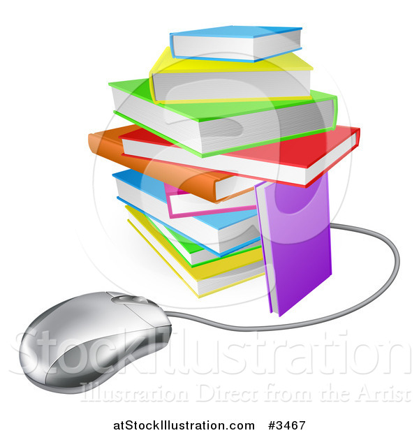 Vector Illustration of a Computer Mouse Wired to a Colorful Stack of Books