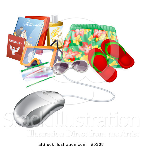 Vector Illustration of a Computer Mouse Wired to Travel Items