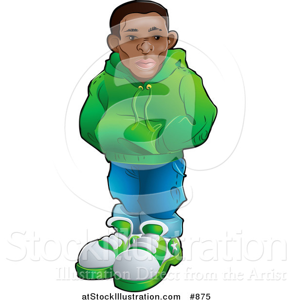 Vector Illustration of a Cool African American Teenage Boy in a Green Hoodie Sweater, Blue Jeans and Green and White Sneakers, Standing with His Hands in the Pocket of His Sweater