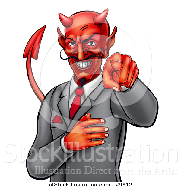 Vector Illustration of a Corrupt Devil Businessman Pointing Outwards, from the Waist up