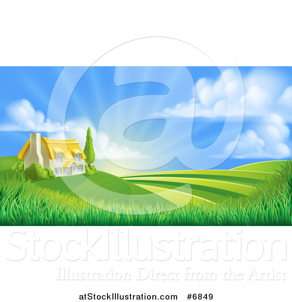 Vector Illustration of a Cottage Farm House Atop a Hill with Fields at Sunrise