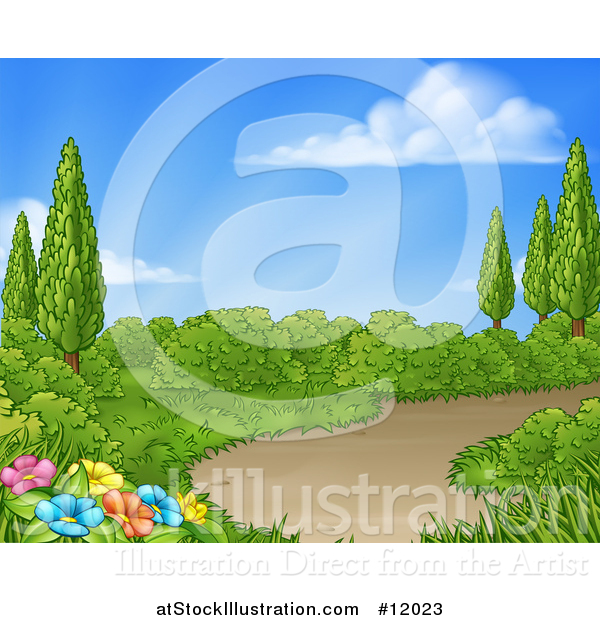 Vector Illustration of a Country Garden with a Path on a Beautiful Spring Day