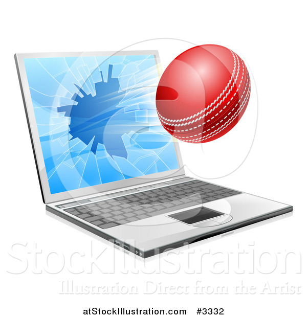 Vector Illustration of a Cricket Ball Flying Through and Shattering a 3d Laptop Screen