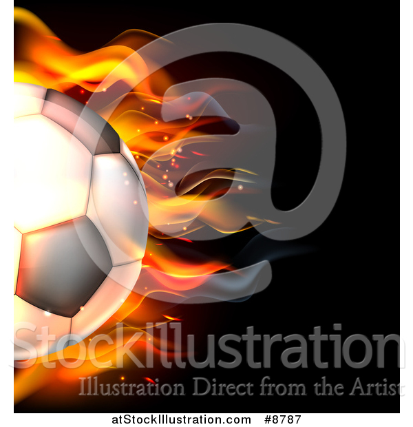 Vector Illustration of a Cropped 3d Flaming Soccer Ball Flying over Black