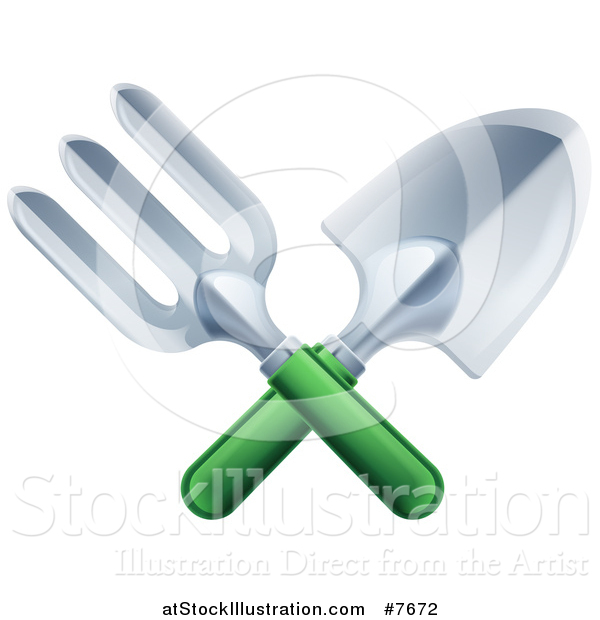 Vector Illustration of a Crossed Green Handled Garden Fork and Trowel Spade