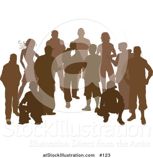 Vector Illustration of a Crowd of Brown Silhouetted People Standing and Crouching