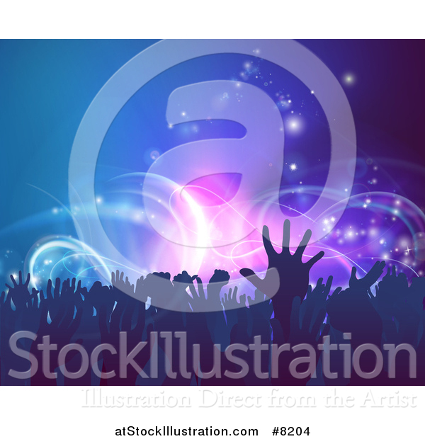 Vector Illustration of a Crowd of Silhouetted Concert Goer Hands over Neon Lights on Blue