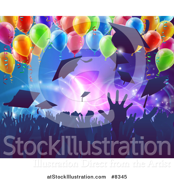 Vector Illustration of a Crowd of Silhouetted Graudate Hands Throwing up Their Mortar Board Caps Under Party Balloons