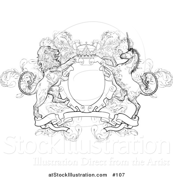 Vector Illustration of a Crown, Lion, and Unicorn on a Coat of Arms - Black and White Version