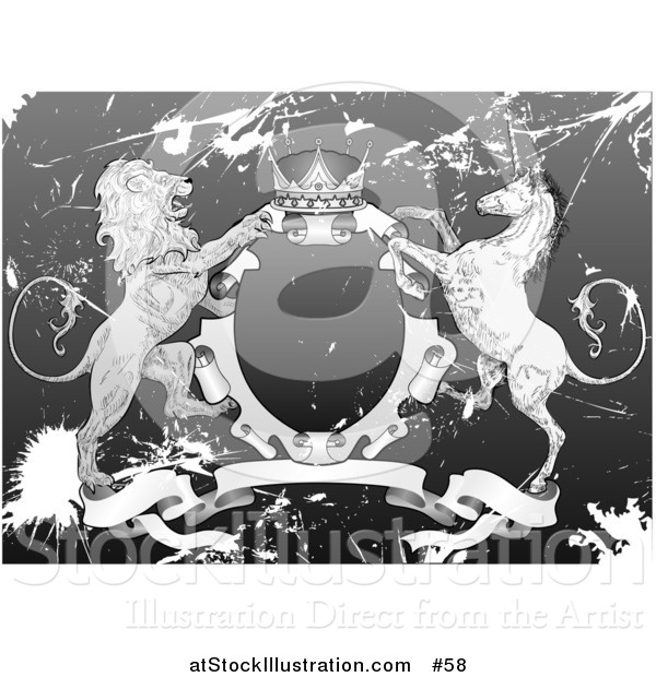 Vector Illustration of a Crown, Lion, and Unicorn on a Coat of Arms in Grunge