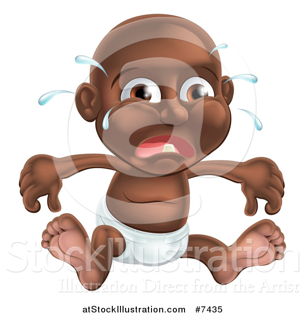 Vector Illustration of a Crying Black Baby Boy Sitting in a Diaper