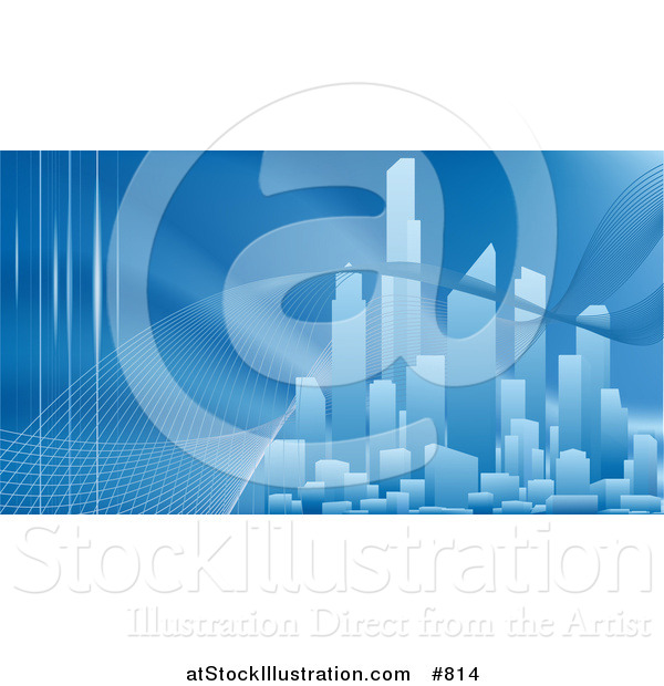 Vector Illustration of a Curves Winding Through a City Skyline with Skyscrapers, Pollution, Renewable Energy, Communications