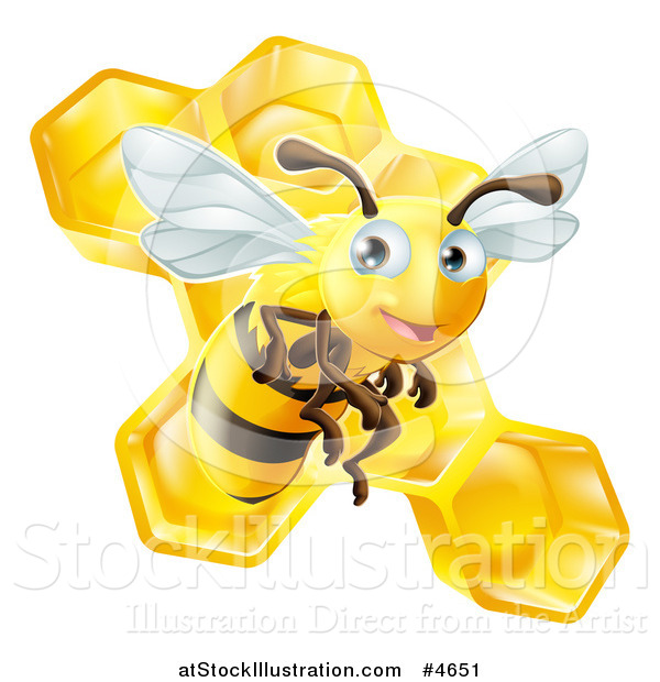 Vector Illustration of a Cute Bee over Honeycombs