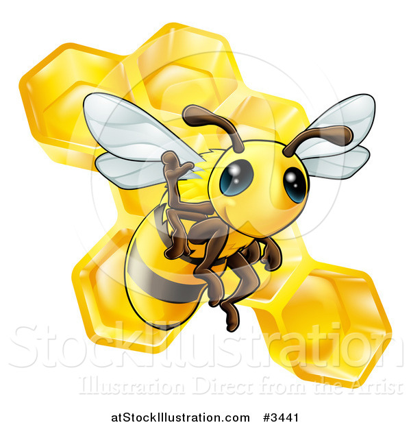 Vector Illustration of a Cute Bee Waving over Honeycombs