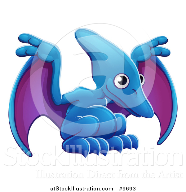 Vector Illustration of a Cute Blue and Purple Pterodactyl Dinosaur