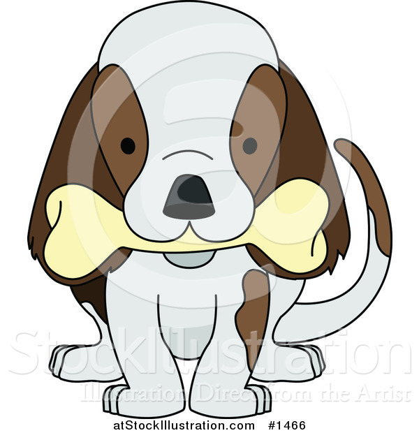 Vector Illustration of a Cute Brown and White Puppy Dog Wagging Its Tail and Chewing on a Bone
