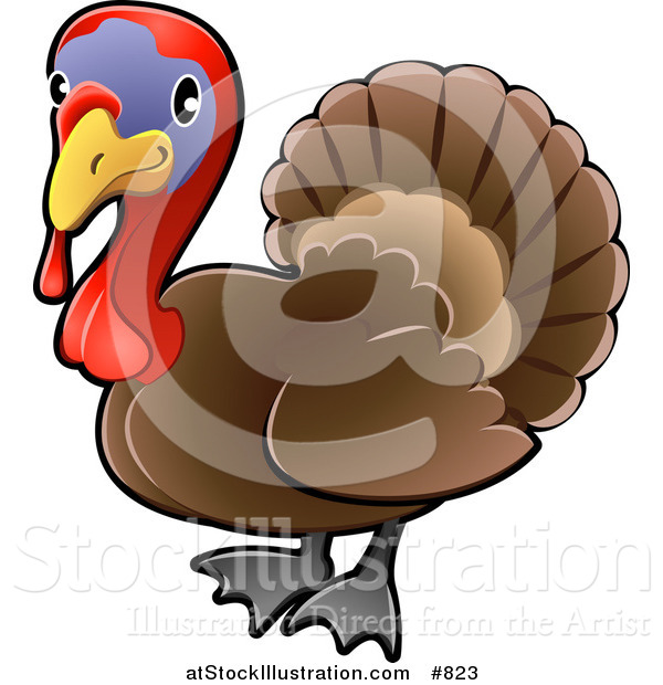 Vector Illustration of a Cute Brown Turkey Bird with a Purple Face and Red Wattle and Snood