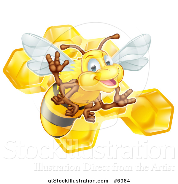 Vector Illustration of a Cute Friendly Bee over Honeycombs